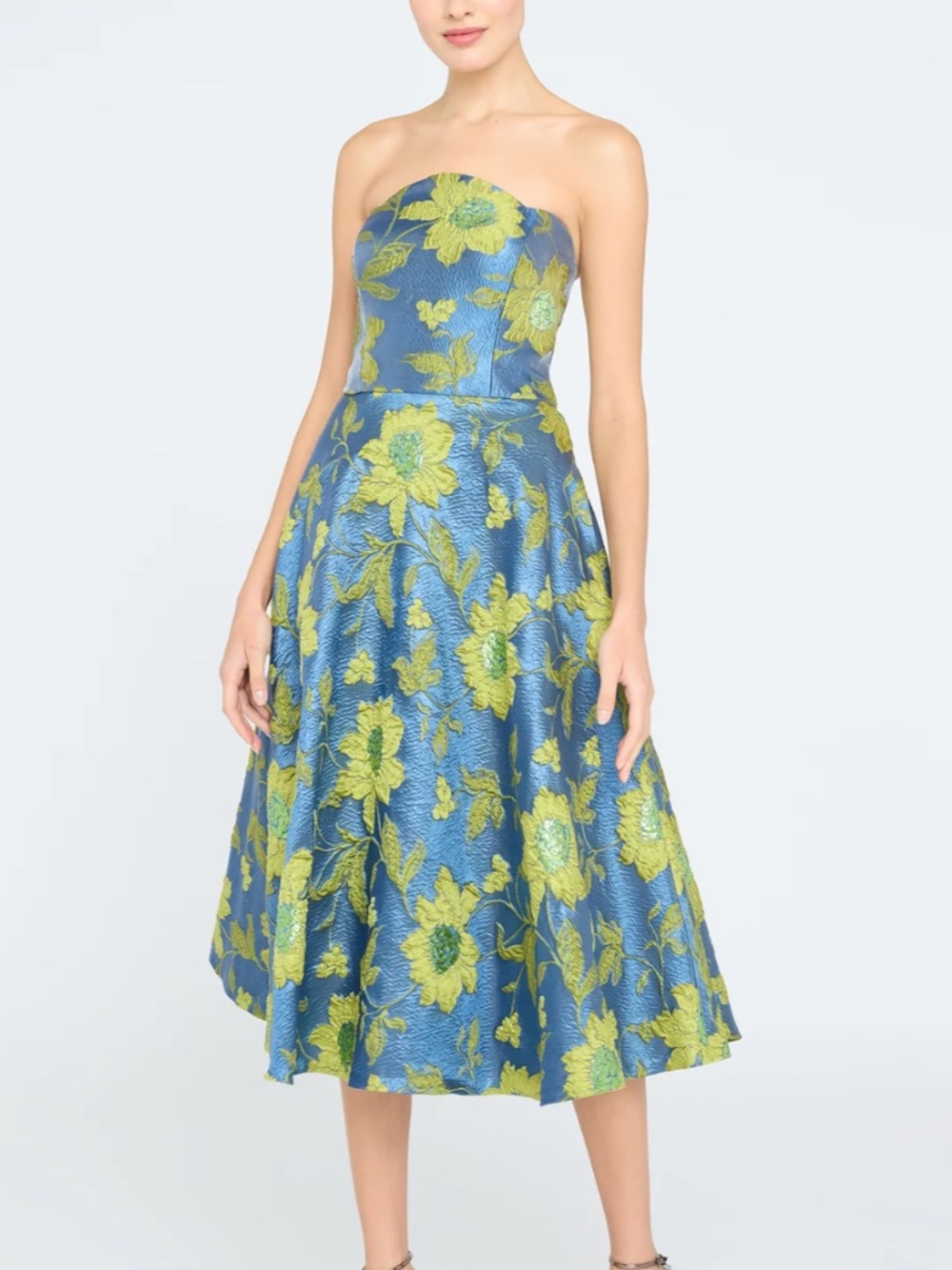 THEIA Dara Scallop Strapless Floral Jacquard Midi Dress NWOT Size 4